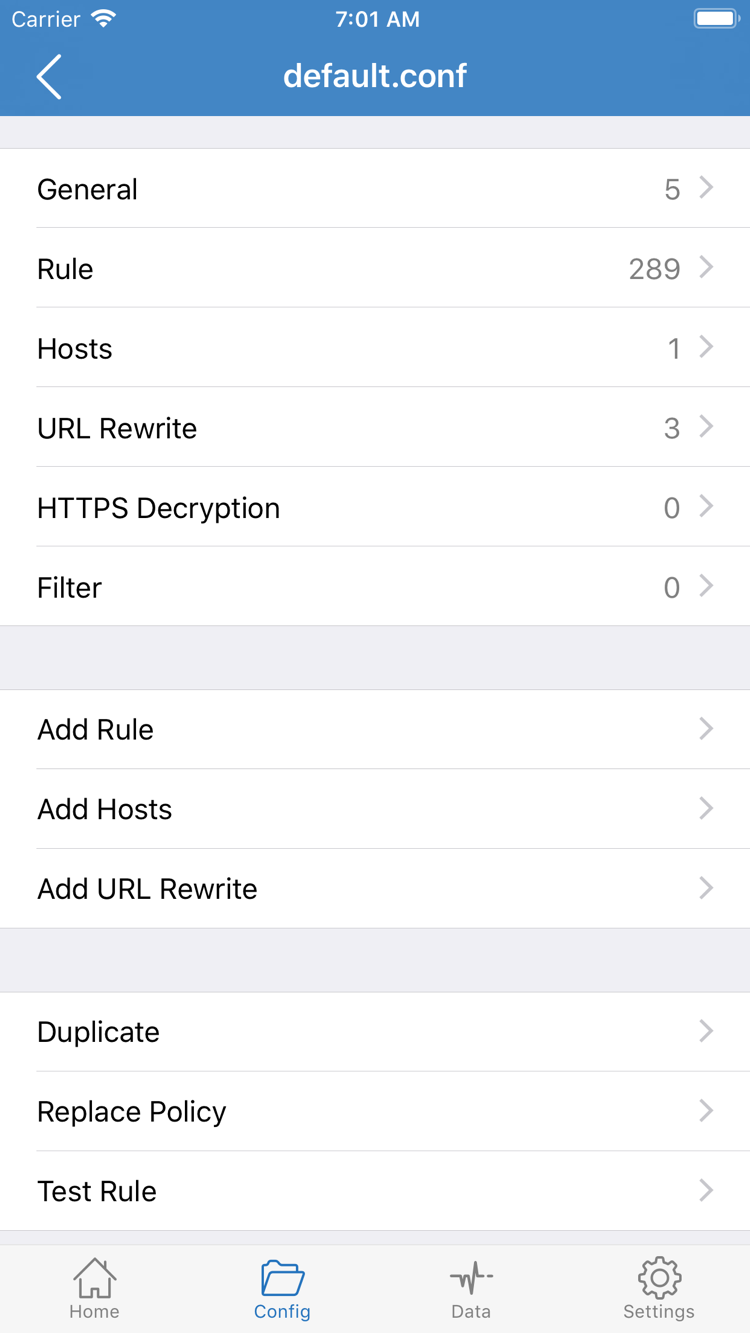 Shadowrocket 공식 Config 구성 파일 편집 화면. General, Rule, Hosts, URL Rewrite, HTTPS Decryption 및 Add Rule이 표시됩니다