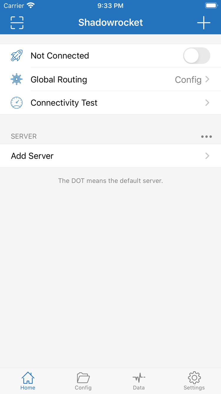 Shadowrocket 공식 Home 화면. 상단의 Not Connected 스위치, Global Routing, Connectivity Test, SERVER 및 Add Server가 표시됩니다