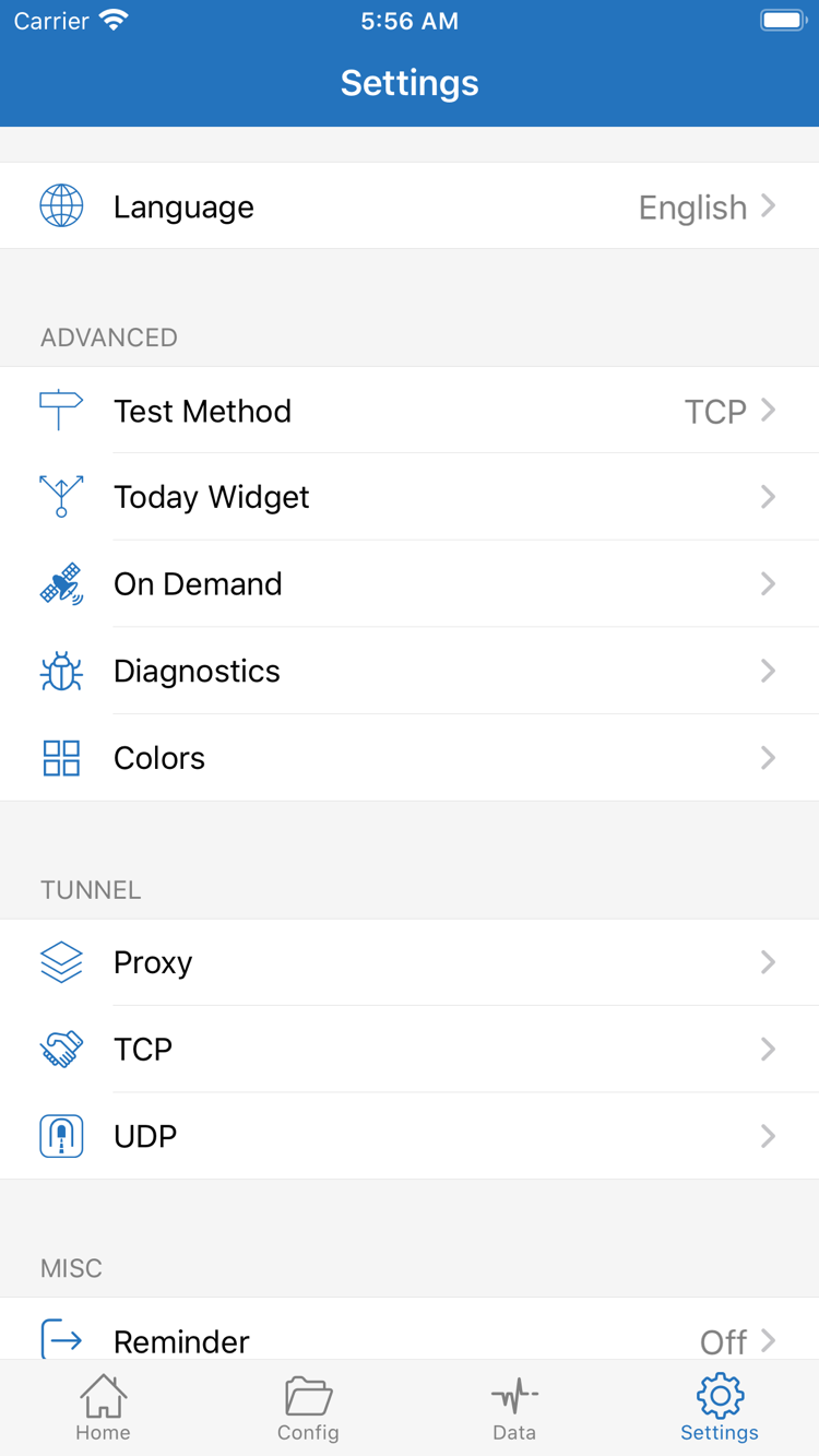 Shadowrocket 공식 Settings 화면. Language, Test Method, Today Widget, On Demand, Diagnostics, Proxy, TCP 및 UDP가 표시됩니다